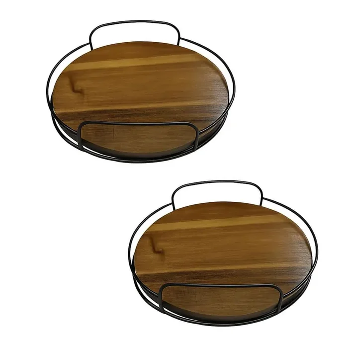 Wooden 2-Shelf Lazy Susan Organizer Set Tabletop 10 in. 9 in. Rotating Turntable with Metal Guard Rail 2-Pack