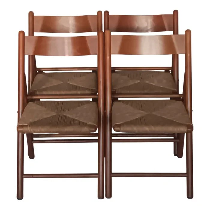 Wooden and Rush Folding Chairs, 1980s, Set of 4
