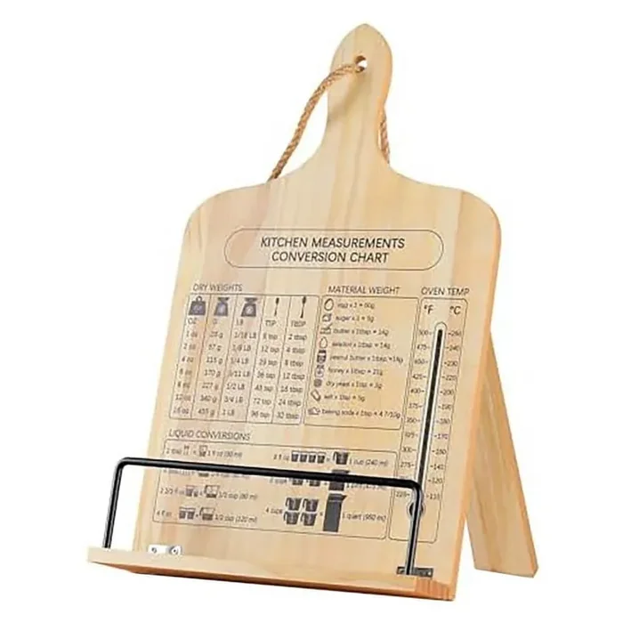 Wooden Recipe Holder Adjustable Angle Foldable Cookbook Stand with Conversion Chart for Kitchen Counter Decor