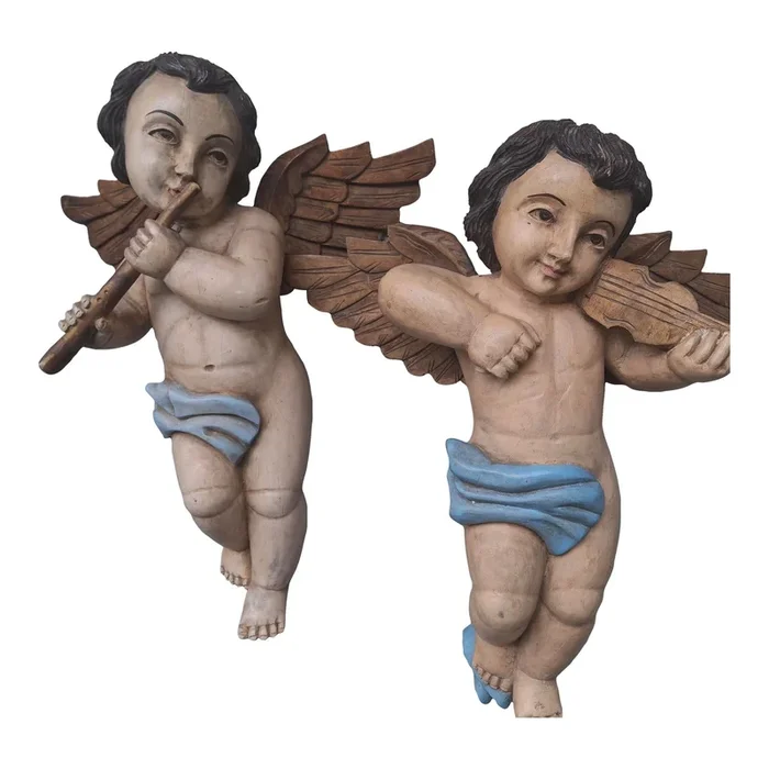XL 19thc Italian Baroque Renaissance Carved & Polychrome Wood Figural Musical Cherub Sculptures a – Pair