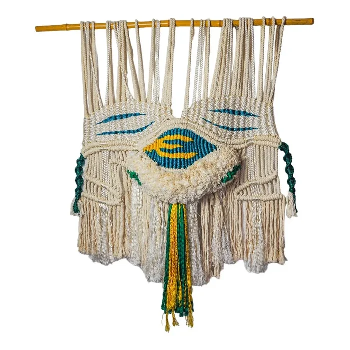 Yellow and Blue Textured Macrame Wall Tapestry, 1970s