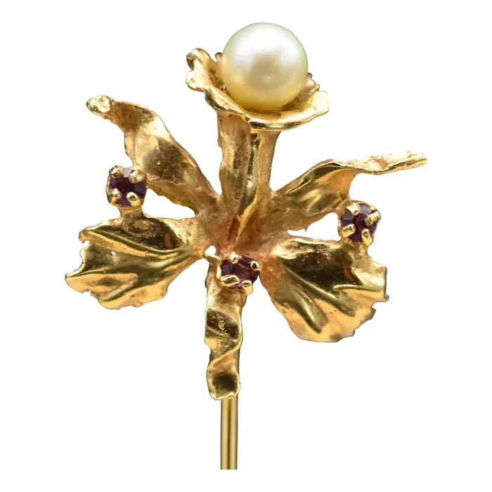 Yellow Gold Flower Pearl Stick Pin