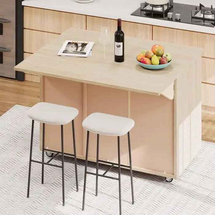 Yellow Wood 51 in. Kitchen Island with Drop Leaf, Coastal Kitchen Island on Wheels, Rolling Kitchen Cart