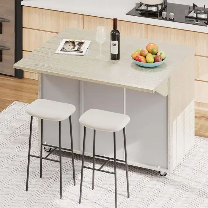 Yellow Wood 51 in. Kitchen Island with Drop Leaf, Coastal Kitchen Island on Wheels, Rolling Kitchen Cart