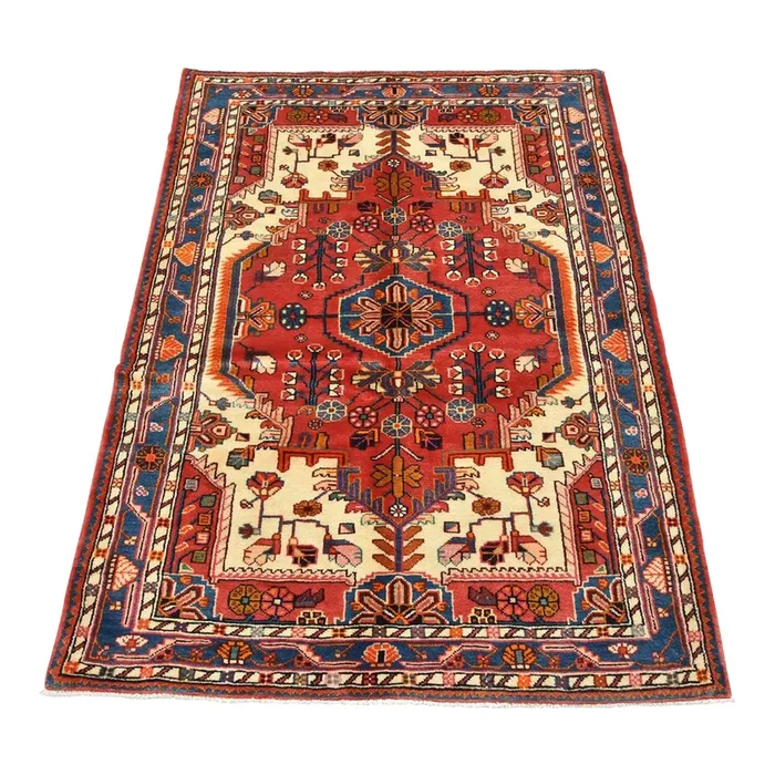 Zanjan Rug 3’11” X 5’4” Ivory Wool Vintage Tribal Hand-Knotted Oriental Carpet