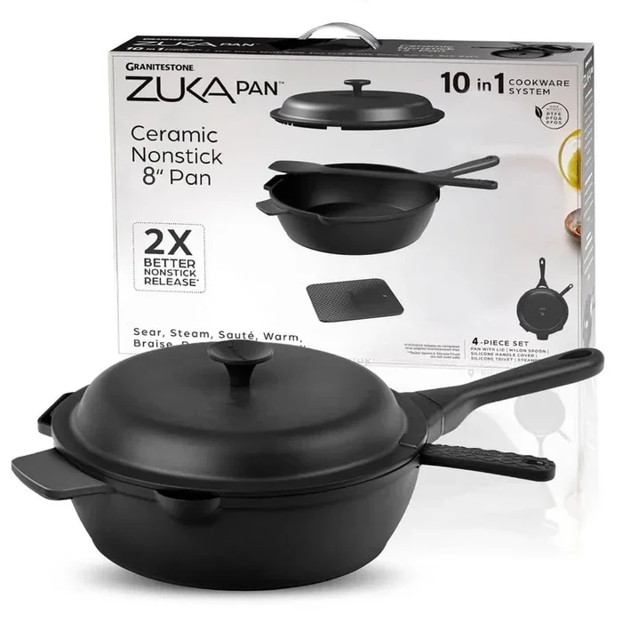 Zuka Everyday Pan 1.25 qt. Aluminum 10 in 1 Ceramic Nonstick Multi-Functional Saute Pan with Lid, Nylon Spoon