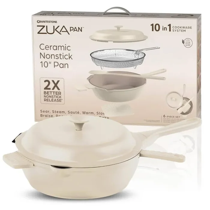 Zuka Everyday Pan 3.25 qt. Aluminum 10 in 1 Ceramic Nonstick Multi-Functional Saute Pan with Nylon Spoon, Steamer Basket