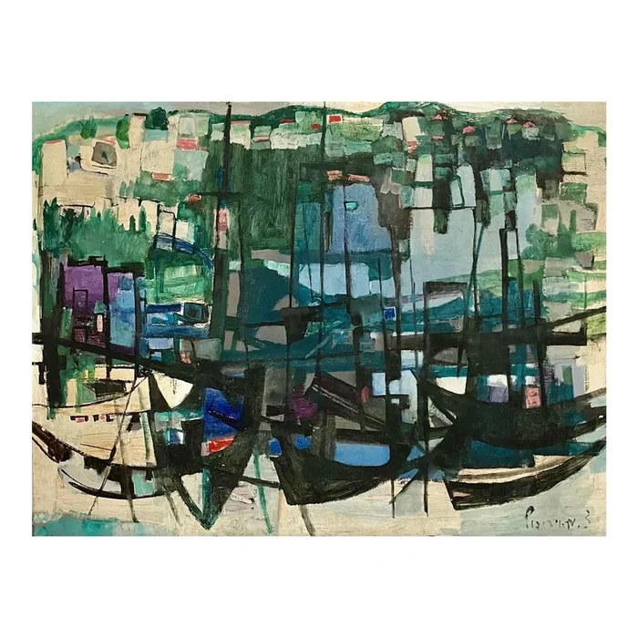 Zvi MairovichLarge Polish Israeli Abstract Modernist Oil Painting Tel Aviv Harbor Mairovich, c.1950’s